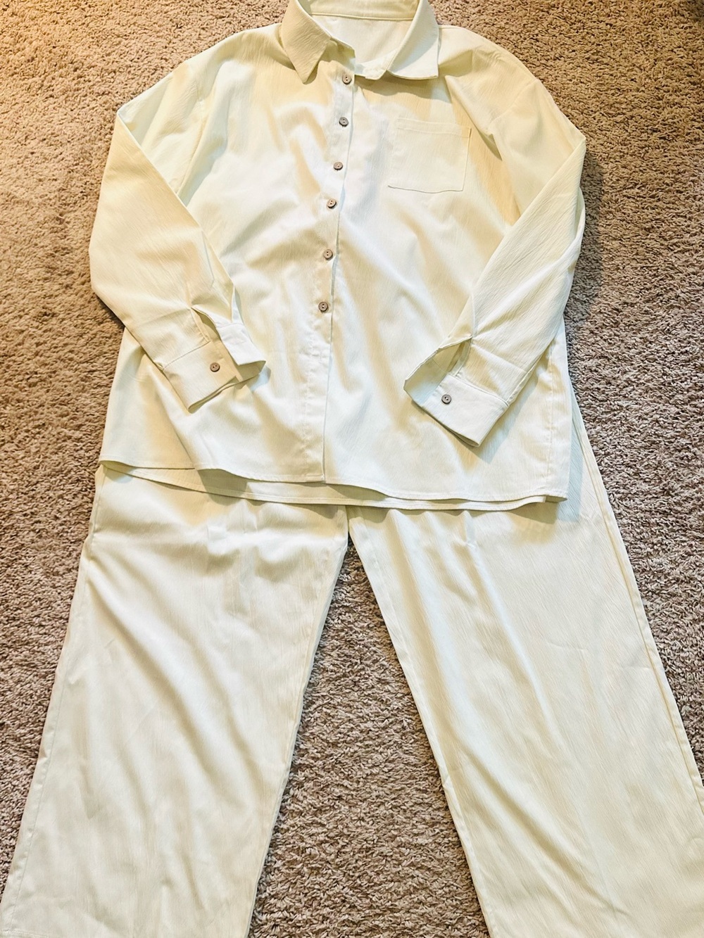 Large Women's Cream Long-Sleeve Button-Up Top and Pants Set